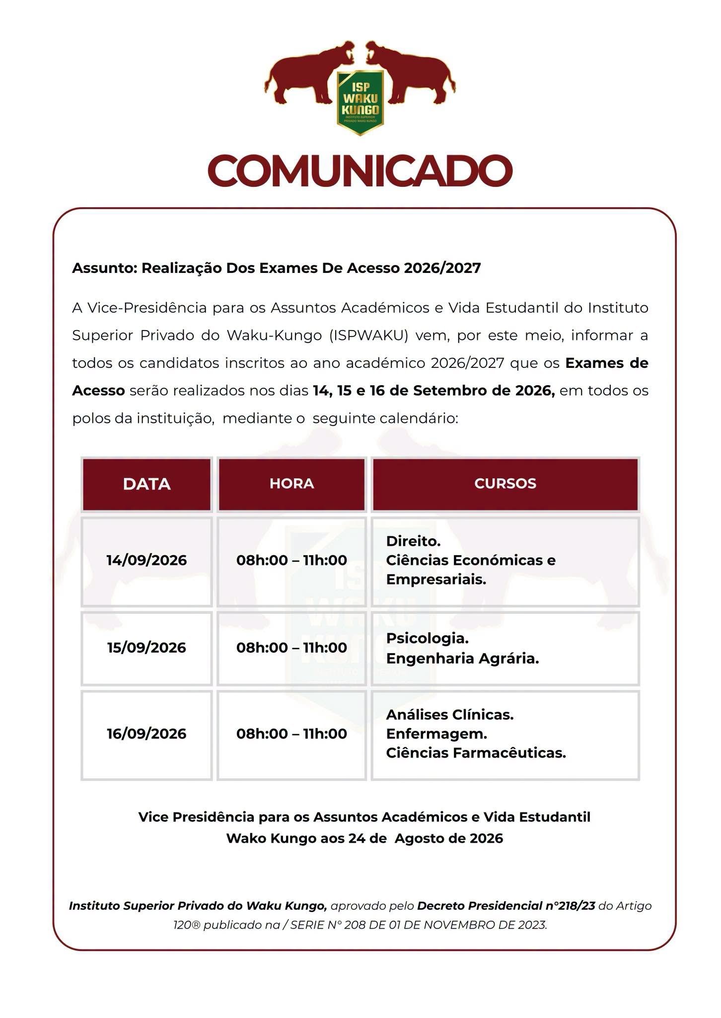 Realização dos Exames de Acesso 2026/2027